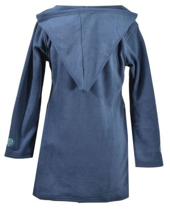 Tmavě modré mikinové šaty s kapucí a barevnými aplikacemi, V výstřih