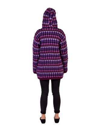 Prodloužený vlněný svetr s kapucí a kapsami, fialový