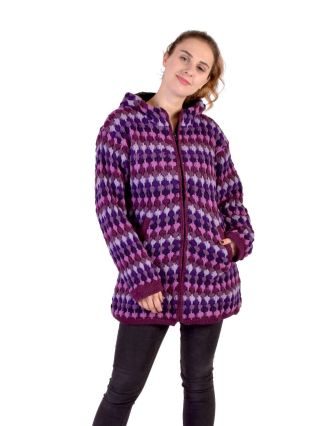 Prodloužený vlněný svetr s kapucí a kapsami, fialový