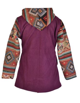 Vínovo-barevný kabát s vlněným vzorek a kapucí, zip, kapsy