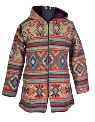 Vínovo-barevný kabát s vlněným vzorek a kapucí, zip, kapsy