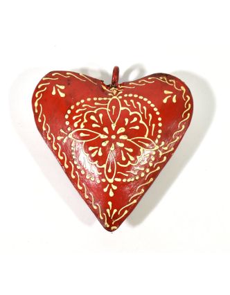 Závěsná dekorace - červené ručně malované srdce, kov, 11x3x11cm