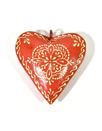 Závěsná dekorace - oranžové ručně malované srdce, kov, 10x3x10cm