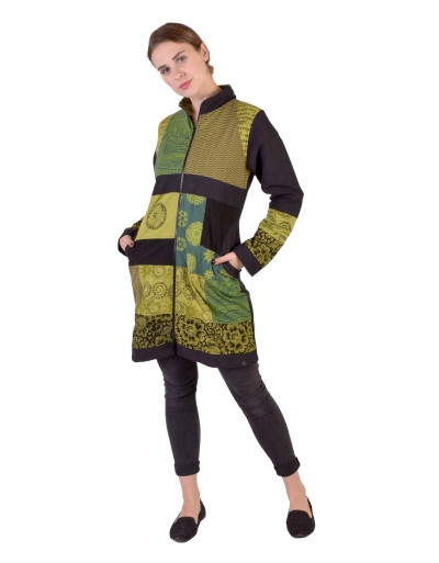 Patchworkový kabát s zapínaný na zip, kombinace tisků, zeleno-šedo-černá