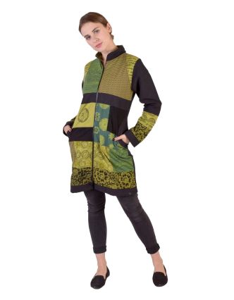 Patchworkový kabát s zapínaný na zip, kombinace tisků, zeleno-šedo-černá