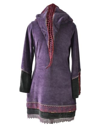Fialové sametové mikinové šaty s kapucí a barevnými aplikacemi,