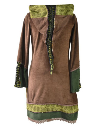 Zelené sametové mikinové šaty s kapucí a barevnými aplikacemi,