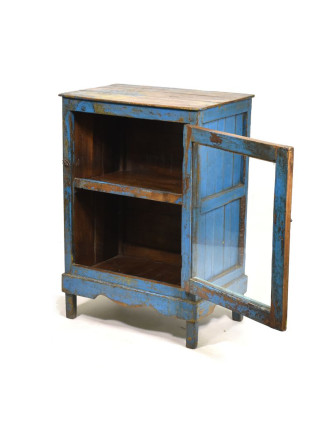 Prosklená skříňka s modrou patinou z antik teakového dřeva, 55x38x79cm
