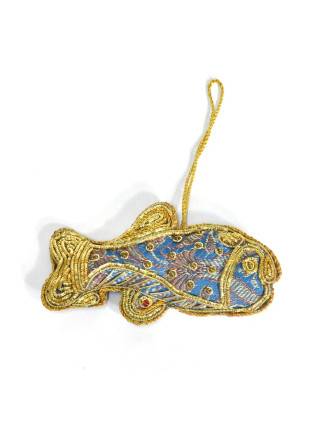Ručně vyráběná vánoční ozdoba ryba, modrý brokát, zdobená, 11x6cm