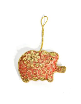 Ručně vyráběná vánoční ozdoba slon, červený brokát, zdobená, 9,5x6,5cm