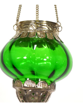 Závěsný skleněný svícen, zelená, kovové zdobení, 10x10x13cm