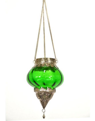 Závěsný skleněný svícen, zelená, kovové zdobení, 10x10x13cm