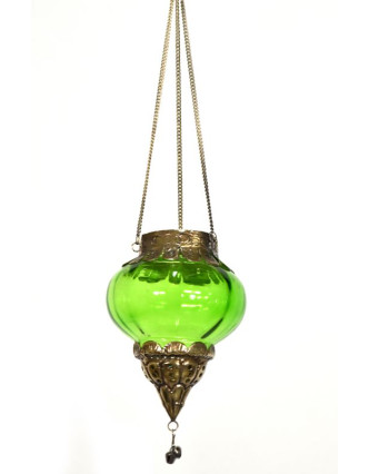 Závěsný skleněný svícen, světle zelená, kovové zdobení, 10x10x13cm