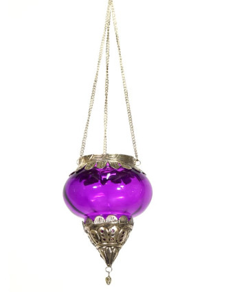 Závěsný skleněný svícen, fialová, kovové zdobení, 10x10x13cm