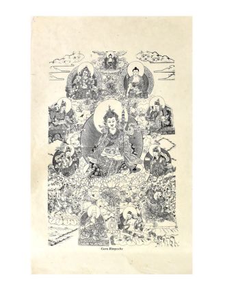 Tisk, černobílý, ruční papír,  Guru Rinpoče,  50x75 cm