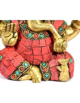 Ganesh, soška vykládaná polodrahokamy, korál, tyrkys, výš. 14cm