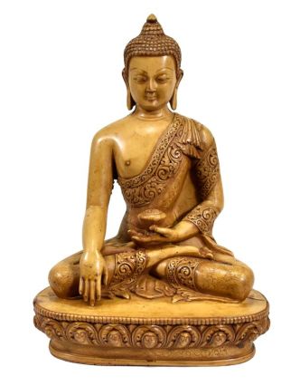 Buddha Šakjamuni, pryskyřice, světle hnědý, ručně vyřezávaný, 21cm