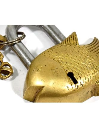 Mosazný visací zámek zlatá ryba, 2 klíče, 9,5x8cm