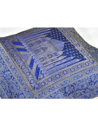 Modrý saténový povlak na polštář s výšivkou, zip, 40x40cm