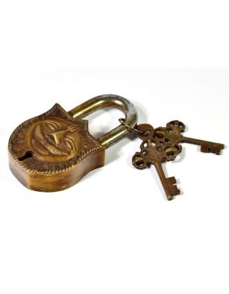Visací zámek, slunce, mosaz antik, dva klíče, 10,5x6, klíč 7cm