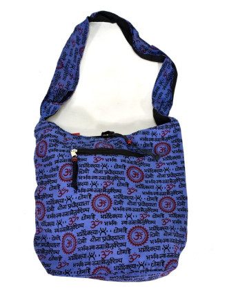 Modrá taška přes rameno s potiskem mantry, kapsy, zip, 39x40cm