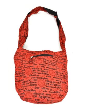 Červená taška přes rameno s potiskem mantry, kapsy, zip, 39x40cm