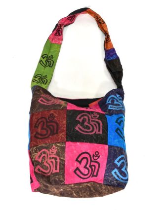Multibarevná patchworková taška přes rameno s tiskem Óm, kapsa, zip, 38x38c