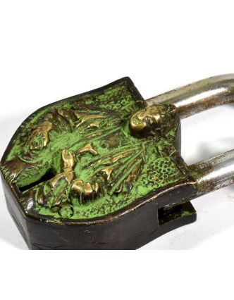 Visací zámek, Sai Baba, zelená patina, mosaz, dva klíče ve tvaru dorje, 9cm
