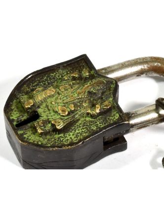 Visací zámek, Ganéš, zelená patina mosaz, dva klíče ve tvaru dorje, 9cm