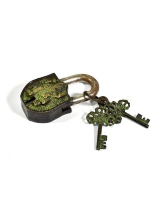 Visací zámek, Ganéš, zelená patina mosaz, dva klíče ve tvaru dorje, 9cm