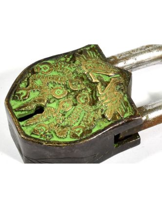 Visací zámek, Draci, zelená patina mosaz, dva klíče ve tvaru dorje, 9cm
