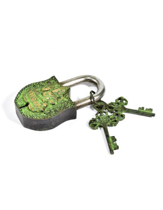 Visací zámek, Ganéša, zelená mosaz, dva klíče ve tvaru dorje, 11cm