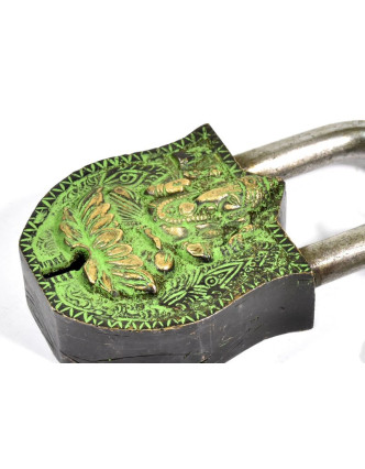 Visací zámek, Ganéša, zelená mosaz, dva klíče ve tvaru dorje, 11cm