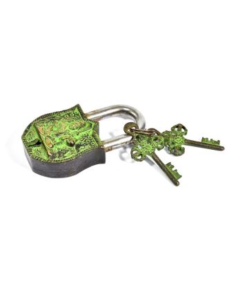 Visací zámek, Šiva, zelená mosaz, dva klíče ve tvaru dorje, 11cm