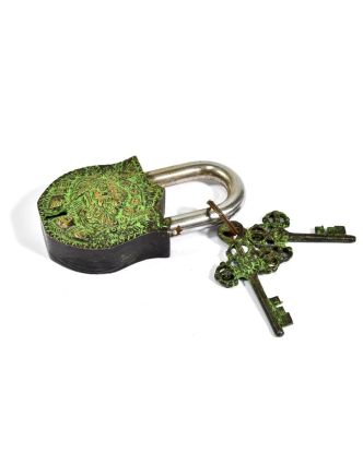 Visací zámek, Bhairab, zelená mosaz, dva klíče ve tvaru dorje, 11cm