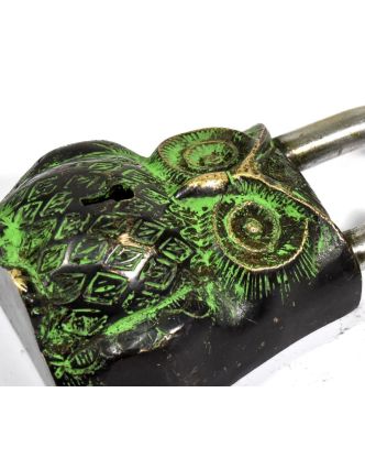 Visací zámek, Sova, zelená mosaz, dva klíče ve tvaru dorje, 12cm