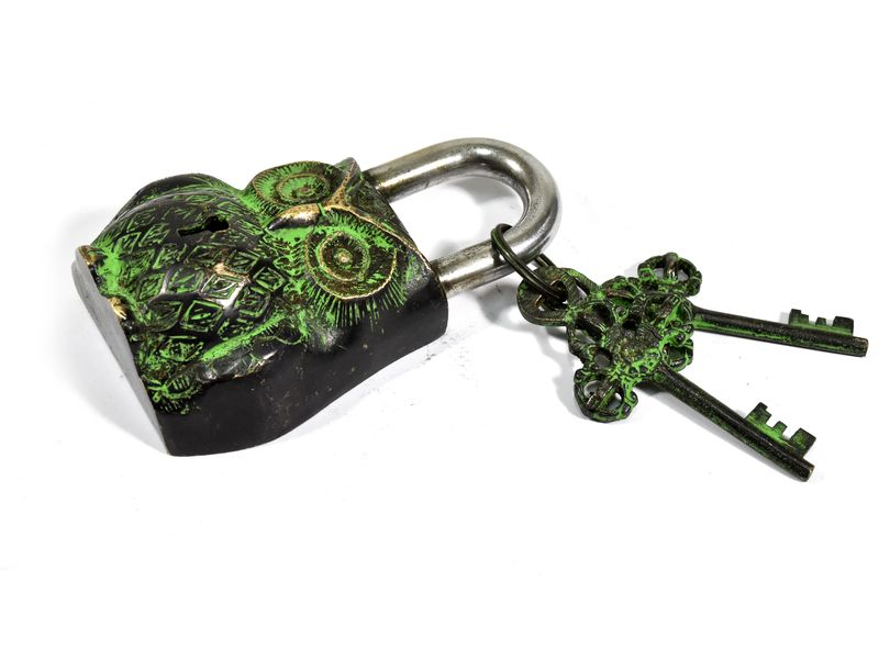 Visací zámek, Sova, zelená mosaz, dva klíče ve tvaru dorje, 12cm