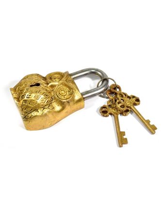 Visací zámek, Sova, zlatá mosaz, dva klíče ve tvaru dorje, 12cm