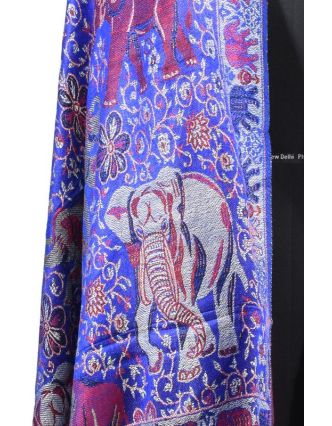 Velká šála s motivem slonů s třášněmi, modrá, 70x210cm