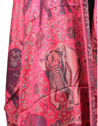 Velká šála s motivem slonů s třásněmi, růžová, 70x210cm