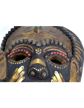 Tibetská dřevěná maska, ručně malovaná s kováním, 19x31cm