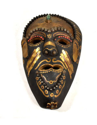 Tibetská dřevěná maska, ručně malovaná s kováním, 19x31cm