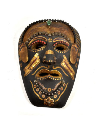 Tibetská dřevěná maska, ručně malovaná s kováním, 21x28cm