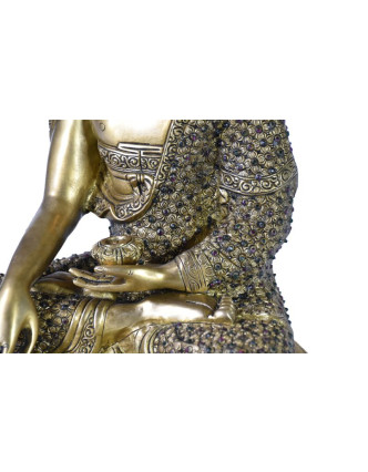 Buddha Šákjamuni, zdobený polodrahokamy, mosaz, 45cm