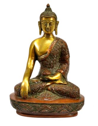 Buddha Šákjamuni, antik zlatočervená patina, mosaz, výš. 21cm