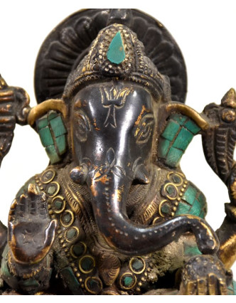 Ganesh, antik úprava, soška vykládaná polodrahokamy, mosaz, výš. 17cm