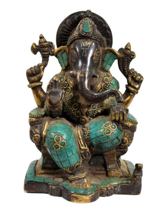 Ganesh, antik úprava, soška vykládaná polodrahokamy, mosaz, výš. 17cm