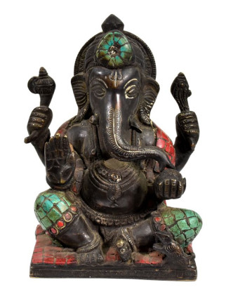 Ganesh, antik úprava, soška vykládaná polodrahokamy, mosaz, výš. 16cm