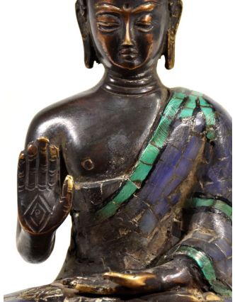 Buddha Amoghasiddhi, mosazná soška, antik úprava, vykládaná polodrahokamy, 21cm