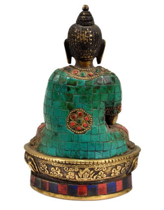 Buddha Amoghasiddhi, mosazná soška, antik úprava, vykládaná polodrahokamy, 18cm